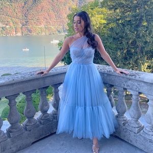 Light Blue One-Shoulder Cocktail Tulle Dress